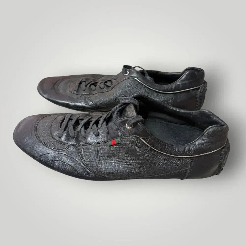 Gucci Black Leather & GG Canvas Low Top Sneakers Shoes Men’s Size 9.5